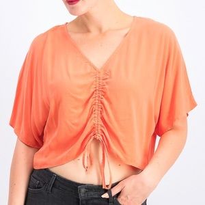 Orange V-Neck Top with Front Drawstring